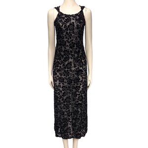 VINTAGE Velvet Floral Lace Sheer Midi Back Slit Sheat Fitted Long Dress sz S Ptp